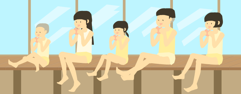 縁側で並んで桃を食べる子供たちの自作イラスト